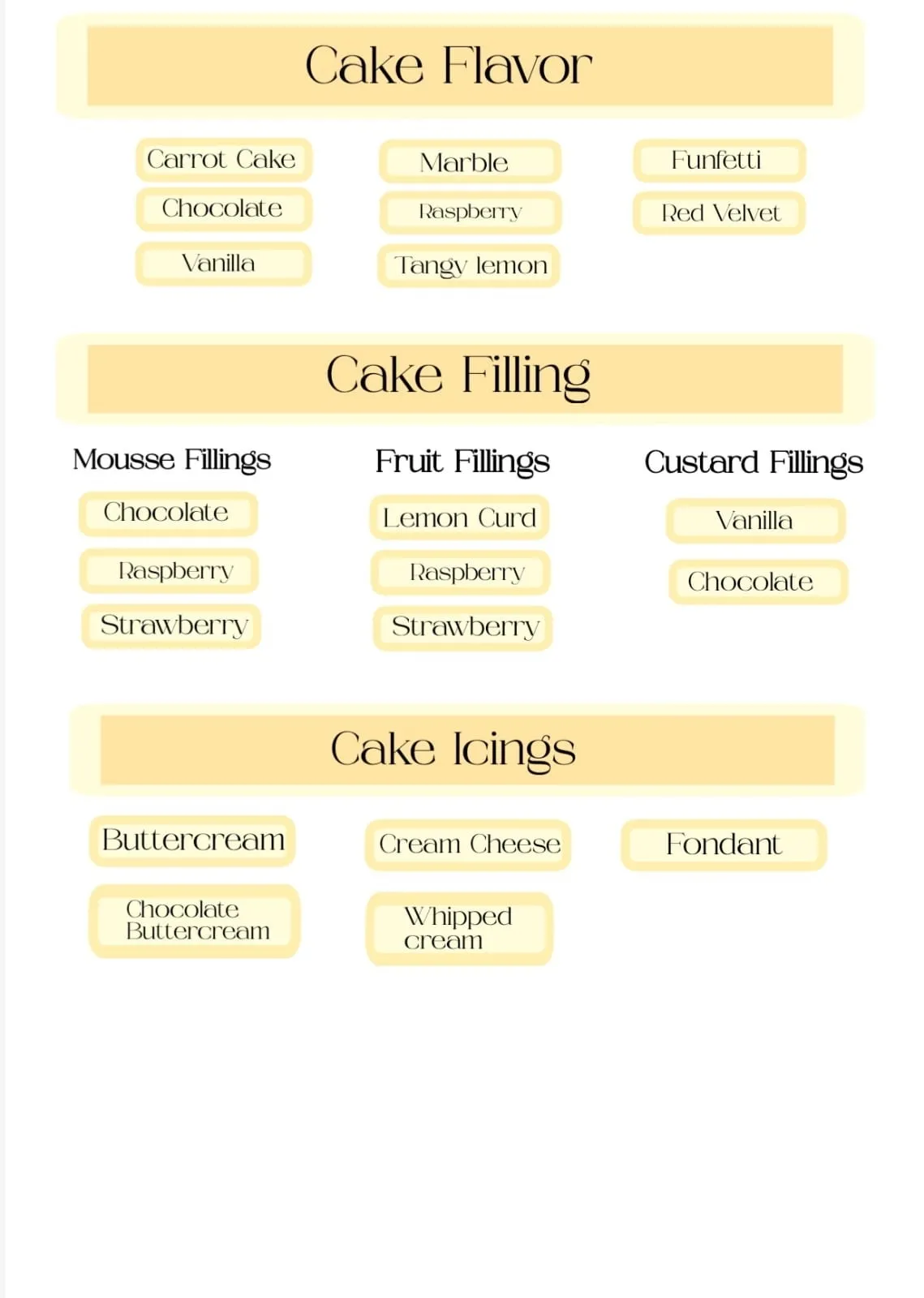CAKE FLAVORS AND FILLINGS